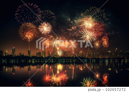 A spectacular, nighttime fireworks, lighting up the sky with vibrant, colorful bursts, celebrating the spirit of Independence Day, set against the backdrop of a city skyline or a serene. Generative AI 102057272