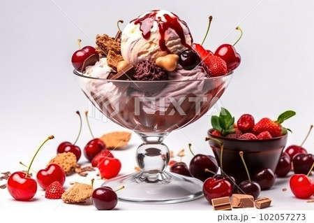 Delicious ice cream with fruits. ice cream, ice, cream, dessert, fruit, chocolate, glasses, cold, berry, cherry, bowl, fresh, sundae, delicious, strawberry on white background. Generative AI. 102057273