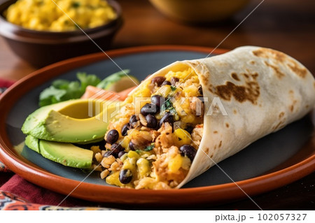 A savory, Southwestern-style breakfast burrito, filled with scrambled eggs, avocado, black beans, and salsa, served patterned plate with a side of zesty lime wedges. Generative Ai. 102057327
