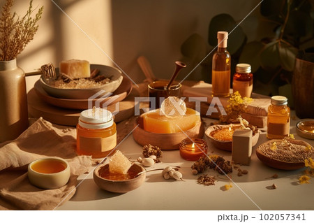 Honey-themed spa setting, highlighting the use of honey as a natural skincare ingredient, honey-infused products, face masks, body scrubs, moisturizers, on relaxation-focused backdrop. Generative AI 102057341