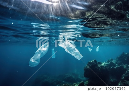 Plastic bottles and plastic bags floating in ocean. Ocean pollution ecology concept. Generative AI. 102057342