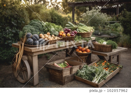 A charming, rustic scene of a vegetable harvest displayed in a wooden crate, wicker basket, wheelbarrow, emphasizing the farm-to-table concept and the freshness of the produce. Generative AI A charming, rustic scene of a vegetable harvest displayed in a wooden crate, wicker basket, wheelbarrow, emphasizing the farm-to-table concept and the freshness of the produce. Generative AI 102057962