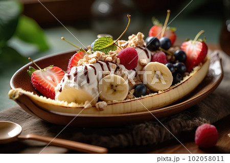 A tempting, close-up shot of a vegan featuring dairy-free ice cream, fresh fruit, and natural sweeteners. Highlights the dessert wholesome appeal. Generative AI A tempting, close-up shot of a vegan featuring dairy-free ice cream, fresh fruit, and natural sweeteners. Highlights the dessert wholesome appeal. Generative AI 102058011