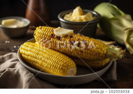 A bowl of grilled corn on the cob with butter and salt. The corn should be slightly charred and the butter should be melting over it. Generative AI 102058038