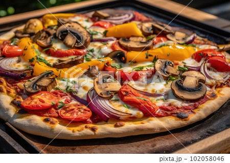 A close-up of a grilled vegetable pizza. The pizza have a crispy crust and be topped with fresh vegetables like tomatoes, onions, and mushrooms. Generative AI A close-up of a grilled vegetable pizza. The pizza have a crispy crust and be topped with fresh vegetables like tomatoes, onions, and mushrooms. Generative AI 102058046