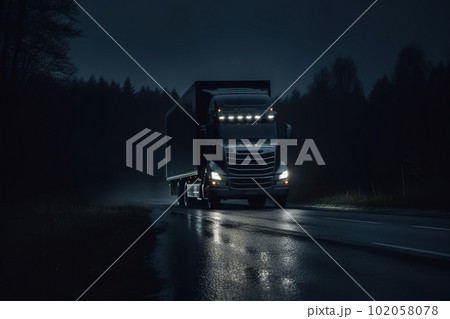 An image of a truck driving at night: The image show a transport truck driving on a dark road at night. In the dark and moody background. Generative AI An image of a truck driving at night: The image show a transport truck driving on a dark road at night. In the dark and moody background. Generative AI 102058078