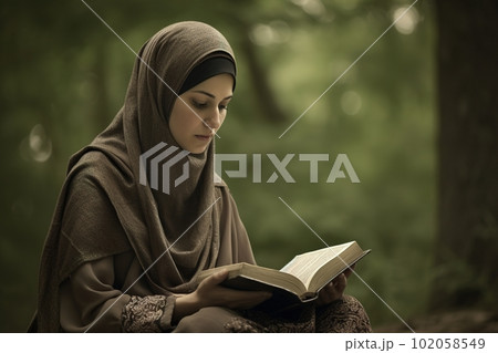 A woman reading the Quran. The focus on the woman s peaceful expression as she reads the holy book. The background be blurred to give the image a dreamlike. Generative AI 102058549