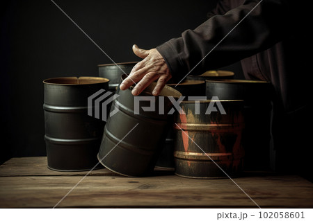 Businessman holding a group of dirty barrels of oil. Concept of raw material. Financial and Energetic world crisis concept. Recession of international markets . Generative AI. 102058601