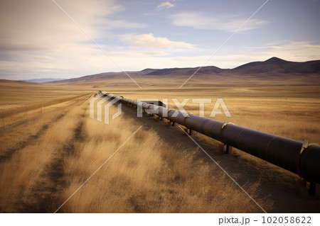 Pipeline stretching across the landscape. The focus be on the transportation of oil or gas through the pipeline. Generative AI 102058622
