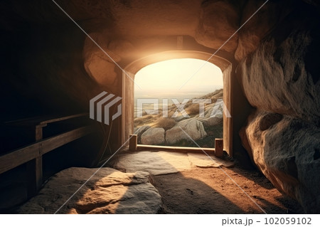 View from the stone inhabited cave on the natural stone landscape made with generative AI 102059102