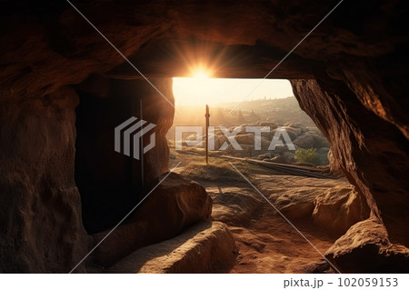 Inhabited stone cave at sunrise made with generative AI Inhabited stone cave at sunrise made with generative AI 102059153