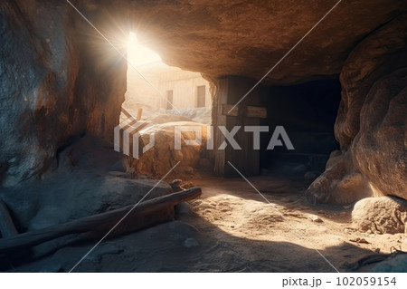 View from the stone inhabited cave on the natural landscape made with generative AI View from the stone inhabited cave on the natural landscape made with generative AI 102059154