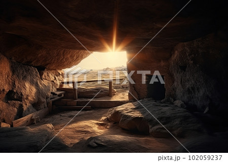 View from the stone inhabited cave on the natural landscape made with generative AI 102059237