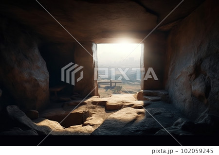 View from the stone inhabited cave on the panoramic natural landscape made with generative AI 102059245