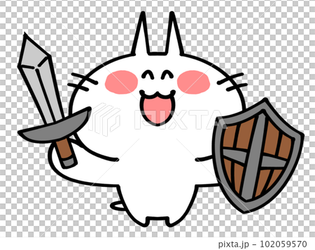 木製の剣と盾を装備したにゃんこイラスト素材 木製の剣と盾を装備したにゃんこイラスト素材 102059570