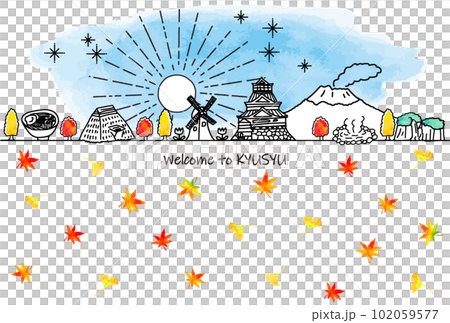 秋の九州のエコツーリズムイメージ観光地の街並みと紅葉 102059577