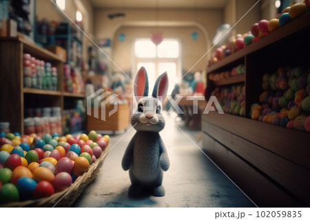 Cartoon easter bunny and colored eggs in the store made with generative AI Cartoon easter bunny and colored eggs in the store made with generative AI 102059835