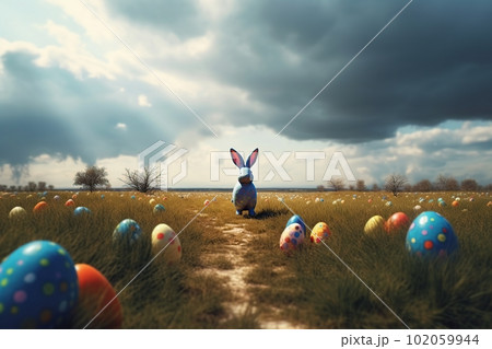 Cartoon easter bunny and colored eggs outdoors made with generative AI Cartoon easter bunny and colored eggs outdoors made with generative AI 102059944
