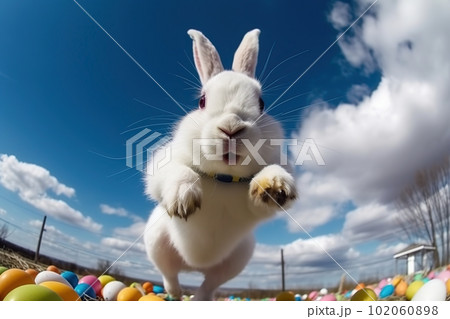 Huge white easter bunny and colored eggs outdoors Huge white easter bunny and colored eggs outdoors 102060898