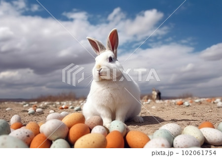 Huge white easter bunny and colored eggs outdoors made with generative AI 102061754
