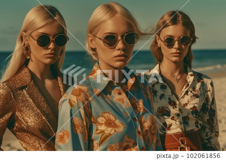 Blonde girls of model appearance in fashionable clothes on the beach made with generative AI 102061856