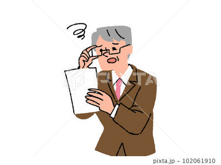 書類の字が見えないシニア男性 眼精疲労や目の病気に関するイラスト 書類の字が見えないシニア男性 眼精疲労や目の病気に関するイラスト 102061910