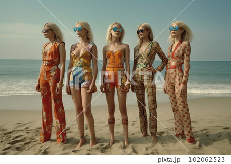 Blonde girls of model appearance in fashionable clothes on the beach made with generative AI Blonde girls of model appearance in fashionable clothes on the beach made with generative AI 102062523