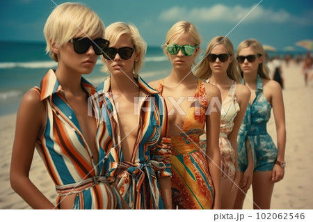 Blonde girls of model appearance in fashionable clothes on the beach made with generative AI Blonde girls of model appearance in fashionable clothes on the beach made with generative AI 102062546