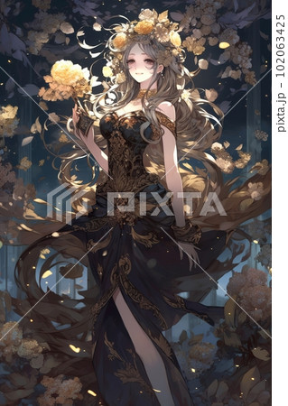 Japanese cartoon anime girl in a kimono dress - Stock