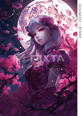 Japanese cartoon anime girl in a kimono dress in a field with sacura on a full moon made with generative AI 102063530