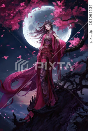 Japanese cartoon anime girl in a kimono dress in a field with sacura on a full moon made with generative AI Japanese cartoon anime girl in a kimono dress in a field with sacura on a full moon made with generative AI 102063534
