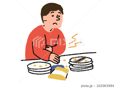 食べても食べてもお腹が空いてしまう男性　病気の初期症状 102063994