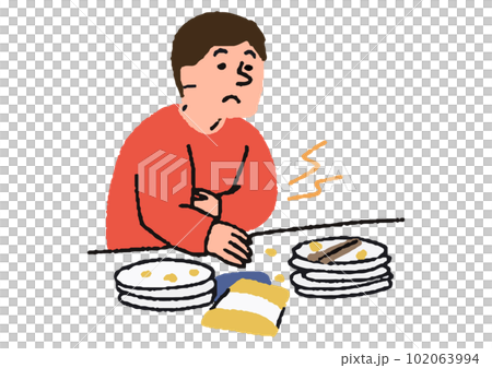 食べても食べてもお腹が空いてしまう男性　病気の初期症状 102063994