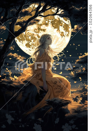 Japanese cartoon anime girl in a kimono dress in a field with flowers on a full moon made with generative AI Japanese cartoon anime girl in a kimono dress in a field with flowers on a full moon made with generative AI 102064366