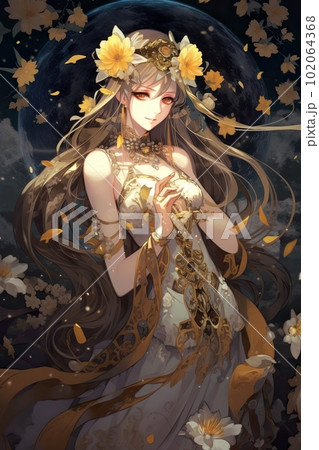 Japanese cartoon anime girl in a kimono dress - Stock