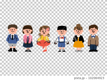 Illustrations of children dressed in plain clothes, comical hand-drawn characters 102064923