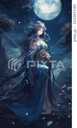 Japanese cartoon anime girl in a kimono dress in a flower field on a full moon made with generative AI Japanese cartoon anime girl in a kimono dress in a flower field on a full moon made with generative AI 102065580