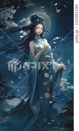 Japanese cartoon anime girl in a kimono dress in a flower field on a full moon made with generative AI Japanese cartoon anime girl in a kimono dress in a flower field on a full moon made with generative AI 102065598