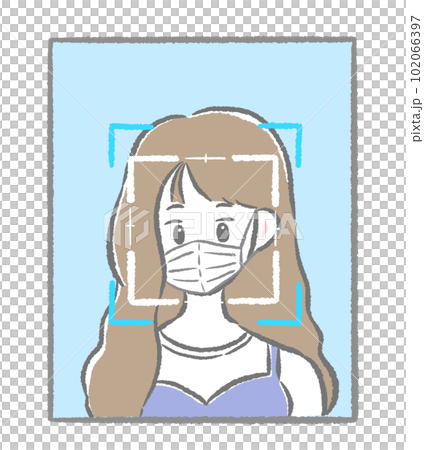 人臉認證系統，戴口罩的女性進行人臉認證 簡約可愛手繪插畫 102066397
