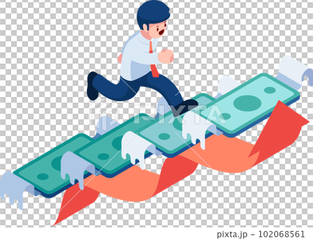 Isometric Businessman Step Up on Flying Dollar Banknote 102068561