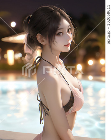ナイトプール　水着を着た女性「AI生成画像」 102069611
