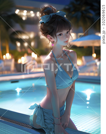ナイトプール　水着を着た女性「AI生成画像」 102069615