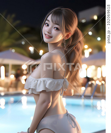 ナイトプール　水着を着た女性「AI生成画像」 102069618