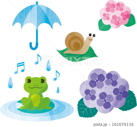 梅雨　夏　雨　花　あじさい　カエル　カタツムリ　傘　水彩　アナログタッチ　かわいい　イラスト素材 102070138