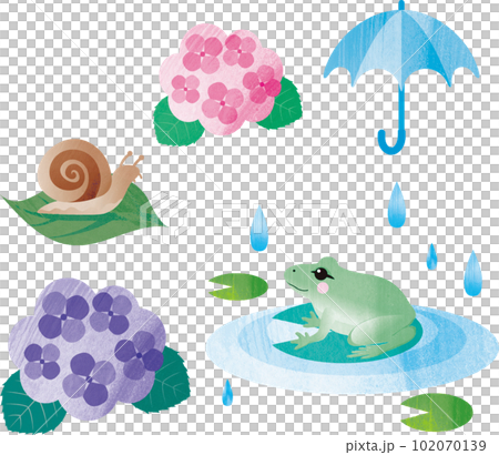 Rainy season summer rain flower hydrangea frog snail umbrella watercolor analog touch cute illustration material 102070139