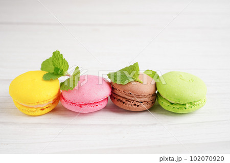 Macaron or french macaroon dessert, cake and cookies on the celebrated birthday. 102070920
