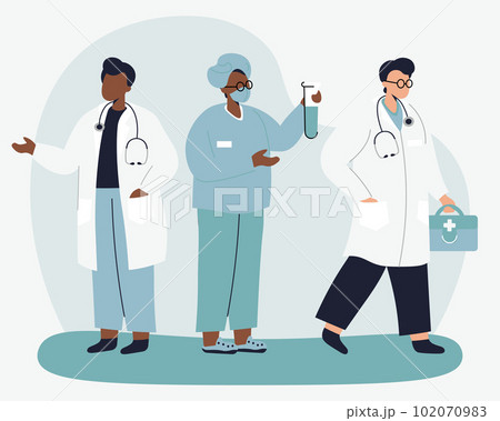 Team of medical specialists doctor with bag first aid kit and laboratory assistant with flask 102070983