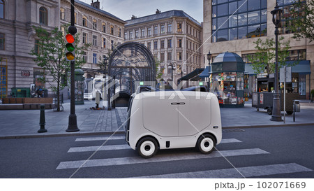 Autonomous delivery robot driverless on street, Smart vehicle technology concept, 3d render Autonomous delivery robot driverless on street, Smart vehicle technology concept, 3d render 102071669