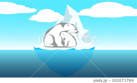 Global warming. A mother bear with her baby is worried about the melting ice on the iceberg 102071769