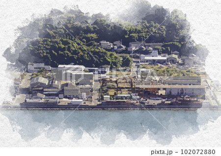 水彩画風　屋島　庵治石加工場　庵治半島　香川県高松市 102072880